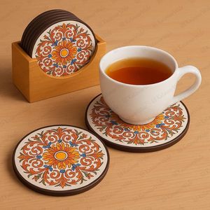 Decorative Round Wooden <b>Coaster</b> with Floral Art – <b>Table</b> Protection for Tea & Coffee Cups Handmade Printed Wooden Drink <b>Coaster</b> - Product Image 3
