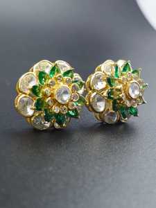 925 Sterling <b>Silver</b> Polki <b>Stud</b> Earrings Nano Green Flower Shape Indian Jewelry for Women - Product Image 2