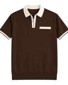 Customized <b>Mens</b> Brown Quarter Zip Polo <b>Shirt</b> With <b>White</b> Contrast Collar Short Sleeve <b>Casual</b> Custom Manufacturer Summer Wear - Product Image 1
