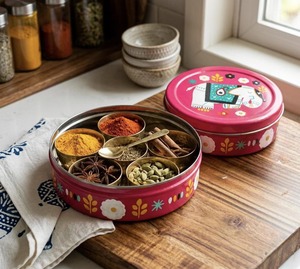Modern Printed Iron Masala Storage <b>Box</b> Decorative Round Spice Holder for Kitchen Accessories Printed Iron Spice Containers - Product Image 1