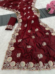 Indian Traditional Ethnic Vichitra Silk <b>Saree</b> with Embroidery Work for Women Wedding Party Wear Elegant Outfit - Product Image 6