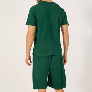 Ensemble T-shirt blanc à col rond pour homme avec bordure verte et short uni bleu sarcelle, en coton respirant, tenue décontractée d'été - Product Image 5