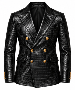 <b>Men's</b> Designer Black Croc Pattern <b>Leather</b> <b>Blazer</b> Double Breasted Gold Button Closure Peak Lapel Luxury Formal <b>Blazer</b> - Product Image 1