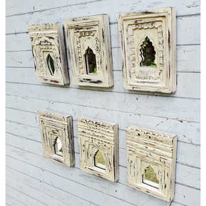 Juego de 6 espejos de decoración artesanales de madera con acabado desgastado blanco - Product Image 5