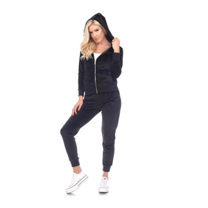 Costume moulant pour femmes, survêtement 2 pièces, costume de sport avec capuche et fermeture éclair complète, ourlet côtelé, manchette, poches latérales et arrière - Product Image 1