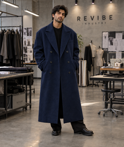 Manteau long en laine bleu marine surdimensionné pour homme, double boutonnage, maxi, hiver, fabrication sur mesure - Product Image 1