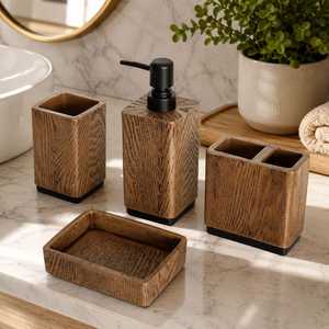 Ensemble de salle de bain en bois : porte-brosse à dents carré, distributeur de savon, gobelet, plateau – Accessoires de vanité minimalistes - Product Image 1