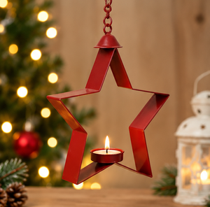 AK laiton fait à la main en métal forme d'étoile décor de noël suspendu rouge fini avec chaîne attrayante pour les ornements d'arbre de noël - Product Image 5