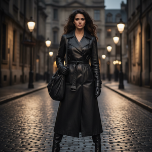 Abrigo Largo de Cuero Genuino Negro Premium para Mujer, Estilo Gabardina Cruzada con Cinturón, Chaqueta de Invierno de Moda, OEM ODM - Product Image 3