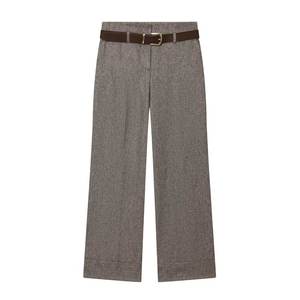 Pantalon gris à chevrons taille haute avec ceinture, coupe bootcut, style vintage, jambe large pour femme - Product Image 1