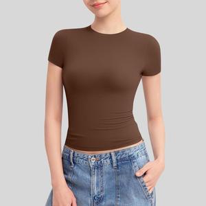 Camiseta de cuello redondo para mujer, ajustada, de punto elástico suave, para uso diario informal, ropa femenina lisa al por mayor - Product Image 1