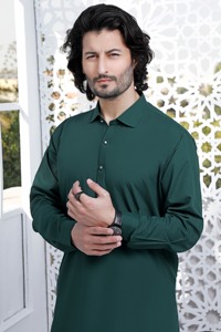 <b>Men's</b> Green Cotton Kurta <b>Pajama</b> <b>Set</b> Long Sleeve Solid Color Casual Daily Wear Ethnic Outfit India Pakistan Style - Product Image 2