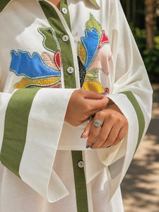 Women's <b>Linen</b> Embroidered Bohemian <b>Shirt</b> With Kimono Sleeve Long Button Down Loose Fit Spring <b>Summer</b> White Green Red Pattern - Product Image 2