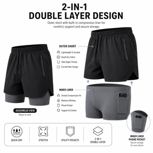 Men's Athletic Shorts With Compression Inner Liner Quick Dry Stretch Sporty Design Front Logo Pocketed 2-In-1 <b>Layer</b> - Product Image 2