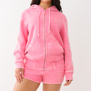 Custom Hot Selling Zip up Sweat Suits Distressed <b>Patch</b> Acid Wash Hoodie And Sweatpants Set <b>Shorts</b> Tracksuits for <b>Men</b> and Women - Product Image 1