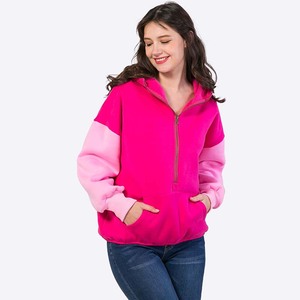 Sweat-shirt à capuche zippé pour femme, color-block rose, en coton tricoté, coupe oversize, manches classiques, idéal pour l'automne - Product Image 4