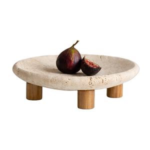 Plato Decorativo de Piedra Travertino Natural de Lujo con Patas de Madera Sólida para Decoración de Mesa de Centro, Estilo Moderno y Minimalista para Interiores del Hogar - Product Image 1