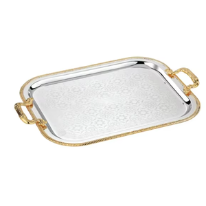 Magnifique plateau décoratif rectangulaire en argent avec poignées plaquées or, design traditionnel, motif abstrait, emballage individuel - Product Image 1