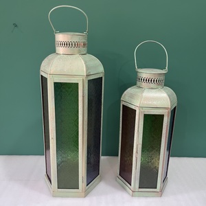 Vintage Iron <b>Lantern</b> <b>Set</b> of 2 with Colored Glass Handmade Candle <b>Lantern</b> for Ramadan Eid Home Wedding Decor - Product Image 6