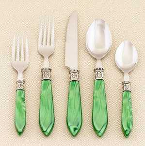 Ensemble de couverts en métal poli miroir, 5 pièces, designs personnalisables, avec manches en résine verte, pour fêtes et décoration de table - Product Image 5