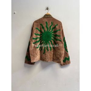 Geometric Pattern Cotton Floral Embroidered <b>Mandarin</b> <b>Collar</b> <b>Jacket</b> Full Sleeve Women's Autumn Wear - Product Image 5