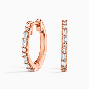 Lab Grown Diamond Baguette & Round Hoop Earrings Classic <b>Huggie</b> Style 10K 14K 18K Gold 925 935 <b>Silver</b> Wedding Engagement Gift - Product Image 4