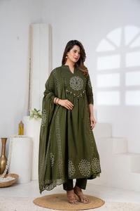 Olive Green Anarkali <b>Kurta</b> Set for <b>Women</b> Embroidered Ethnic Wear with Palazzo Pants Festive Wedding Party Outfit - Product Image 5