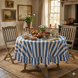 Nappe en coton imprimée à la main, rayures bleues et blanches, ourlet à volants, vendeur indien - Product Image 4