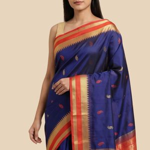 Rich Blue Silk <b>Saree</b> with Orange and Zari Border for Career Dressing - Product Image 4