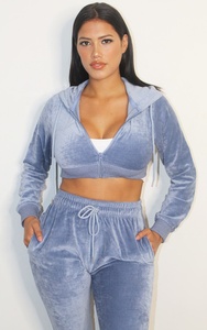 High Quality <b>Crop</b> <b>Top</b> Sets <b>Blue</b> <b>Top</b> Wide Leg Pants Women Velvet Tracksuit Fitness Women Velour Zip up Hoodie - Product Image 6