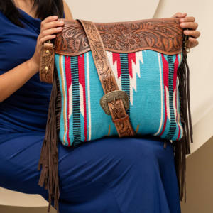 Western Hand Tooled Leather Saddle Blanket Purse Turquoise Wool Women Concealed Carry Bag Genuine Leather Tassel Crossbody Bags - Product Image 3