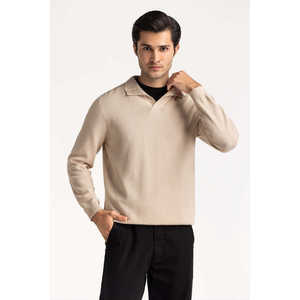 <b>Beige</b> Knitted Pullover Sweater Full Sleeve Solid Color Autumn Wear Regular Fit Single Button Closure - Product Image 5