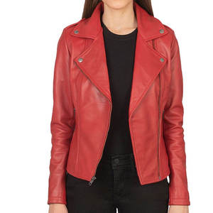 Chaqueta de Moto para Mujer, de Cuero Vacuno Genuino, Resistente al Viento, Color Rojo, Manga Larga, Cierre de Cremallera, Cuello Camisero, Estilo Invernal - Product Image 1