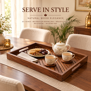 ถาดเสิร์ฟไม้ธรรมชาติสไตล์เรียบง่ายพร้อมฐานไม้ระแนง |   ถาดไม้ทรงสี่เหลี่ยมพร้อมหูจับแบบเจาะรูสำหรับตกแต่งบ้าน ห้องครัว และห้องรับประทานอาหาร - Product Image 3