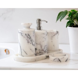 Juego de baño de mármol de cuatro piezas, dispensador de jabón redondo, bandeja para cepillos de dientes, minimalista, fácil de limpiar - Product Image 2