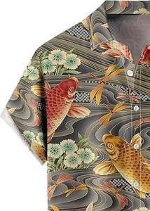 เสื้อเชิ้ตฮาวายแขนสั้นลำลองสำหรับผู้ชาย ลายปลาคาร์ฟและคลื่นหลากสีสัน น้ำหนักเบา ระบายอากาศได้ดี เหมาะสำหรับใส่ไปเที่ยวชายหาดในฤดูร้อน - Product Image 3