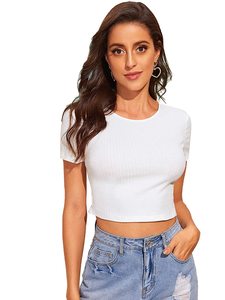 Vente en gros de crop tops pour femmes, t-shirts courts à manches courtes personnalisés pour filles - Product Image 6