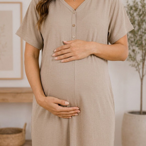 Camisón de Maternidad con Cuello en V, Manga Corta, Largo a Media Pantorrilla, Corte Holgado, Transpirable, Color Sólido, Tono Natural, Ropa de Dormir para Mujer - Product Image 4