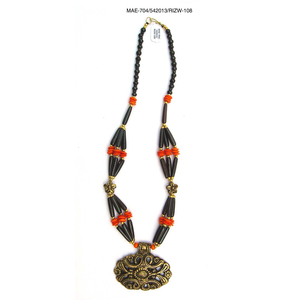 Ethnic Beaded <b>Necklace</b> with Black and Red Coral Beads Antique Bronze Plated Pendant Unisex <b>Statement</b> Jewelry - Product Image 2