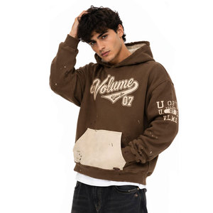 Sweat-shirt court à capuche marron haute performance, imprimé lettres vintage, en molleton, coupe oversize, manches classiques, style automne - Product Image 4