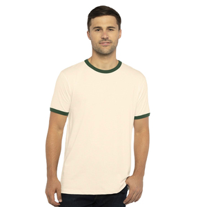 T-shirt à manches courtes pour homme en crème avec bordure contrastée bordeaux, coupe classique, jersey décontracté en coton, col rond, couleur unie - Product Image 3