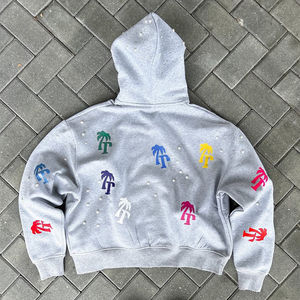 Conjunto de chándal de felpa gruesa 100% algodón con doble cintura y pedrería personalizada para streetwear - Product Image 3