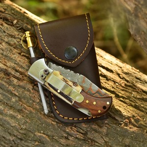 Nordic Forge Copper Damascus Steel Industrial Grade Folding <b>Knife</b> Back <b>Lock</b> STag & Rosewood Handle Pocket Clip Sheath OEM EDC - Product Image 5