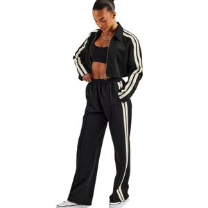 Ensemble de survêtement court zippé pour femme, col montant, triple bande, pantalon large à taille élastiquée, tenue deux pièces style urbain - Product Image 6