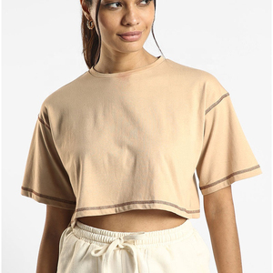 Custom Women's Streetwear <b>Crop</b> <b>Top</b> Loose Fit Knitted T-Shirts 50% Cotton 50% Polyester Solid Summer Casual Style Heat-Transfer - Product Image 1
