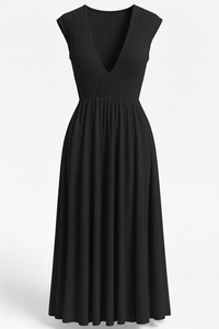 Robe midi côtelée à col rond et manches courtes pour femme, taille élastique, coupe droite, design simple, vente en gros, directement de l'usine de vêtements pour femmes - Product Image 2