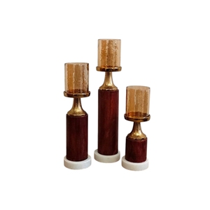 Modern Wooden Pillar <b>Candle</b> Stand Set White Marble Base Amber <b>Glass</b> <b>Hurricane</b> Living Room Home Decor - Product Image 1
