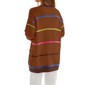 Custom Rainbow Contrast Brown Horizontal Band Fall Women Cardigan Dual Front Deep Pouch Outers Daily <b>Tops</b> Cardigans - Product Image 2