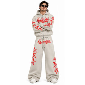 Ensemble de survêtement vintage tendance à capuche, coupe ample, style streetwear, avec sweat-shirt et pantalon imprimés étoiles rouges et poches latérales - Product Image 4