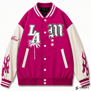 เสื้อแจ็คเก็ตเบสบอลผู้ชาย SINEWY SPORTS สีชมพูบานเย็น ปักลายต้นปาล์ม LA แขนเสื้อลายเปลวไฟ สวมใส่สบายๆ ในฤดูใบไม้ร่วง - Product Image 1